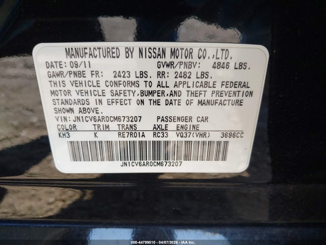 Продаж на аукціоні авто 2012 Infiniti G37x, vin: JN1CV6AR0CM673207, номер лоту: 44799510