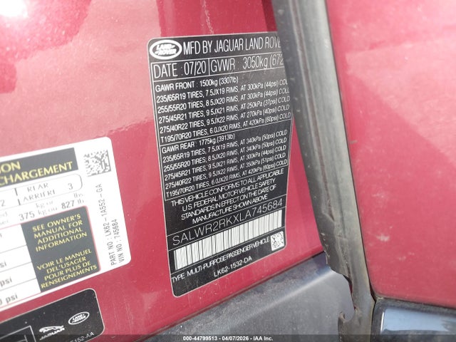 Продаж на аукціоні авто 2020 Land Rover Range Rover Sport Hse Td6, vin: SALWR2RKXLA745684, номер лоту: 44799513