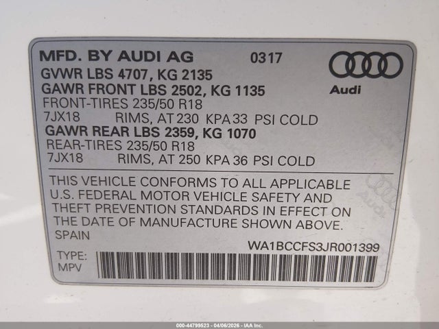 Продаж на аукціоні авто 2018 Audi Q3 2.0t Premium/2.0t Sport Premium, vin: WA1BCCFS3JR001399, номер лоту: 44799523