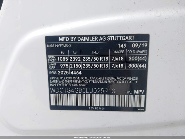 Aukcja sprzedaży 2020 Mercedes-benz Gla 250 4matic, vin: WDCTG4GB5LU025913, numer aukcji: 44799540