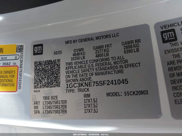 44799542 :رقم المزاد ، 1GC3KNE75SF241045 vin ، 2025 Chevrolet Silverado 2500hd 4wd  Long Bed Lt مزاد بيع