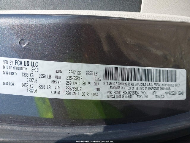 Продаж на аукціоні авто 2018 Chrysler Pacifica Touring L, vin: 2C4RC1BGXJR216864, номер лоту: 44799552