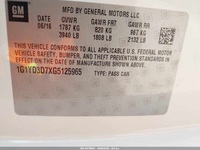 Aukcja sprzedaży 2016 Chevrolet Corvette Stingray, vin: 1G1YD3D7XG5125965, numer aukcji: 44799561