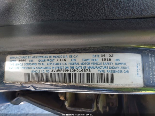 Aukcja sprzedaży 2003 Volkswagen Jetta Gl Tdi, vin: 3VWRP69M13M016878, numer aukcji: 44799576