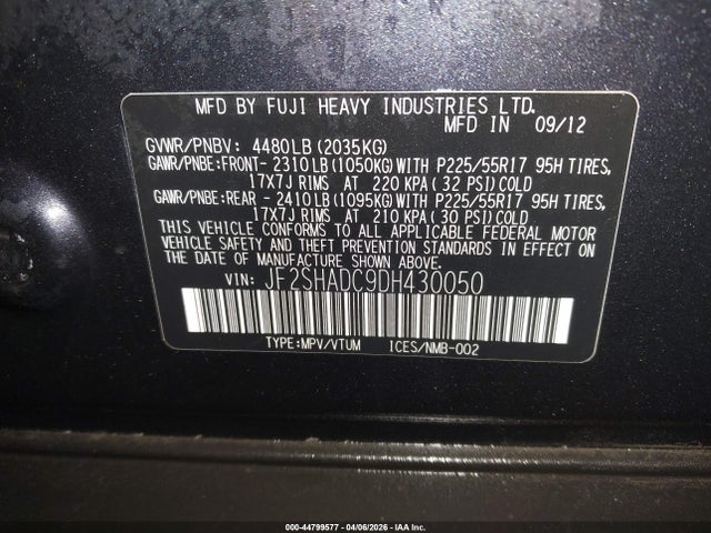 Aukcja sprzedaży 2013 Subaru Forester 2.5x Premium, vin: JF2SHADC9DH430050, numer aukcji: 44799577