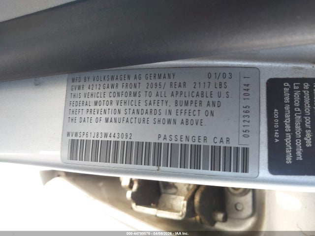Продаж на аукціоні авто 2003 Volkswagen Jetta Gls Tdi, vin: WVWSP61J83W443092, номер лоту: 44799578
