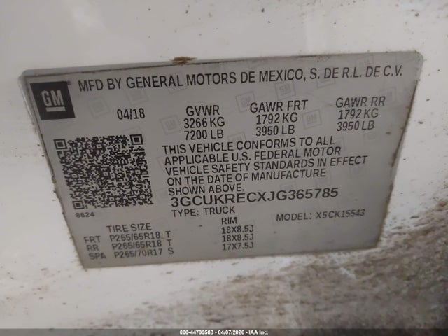 Продаж на аукціоні авто 2018 Chevrolet Silverado 1500 2lt, vin: 3GCUKRECXJG365785, номер лоту: 44799583