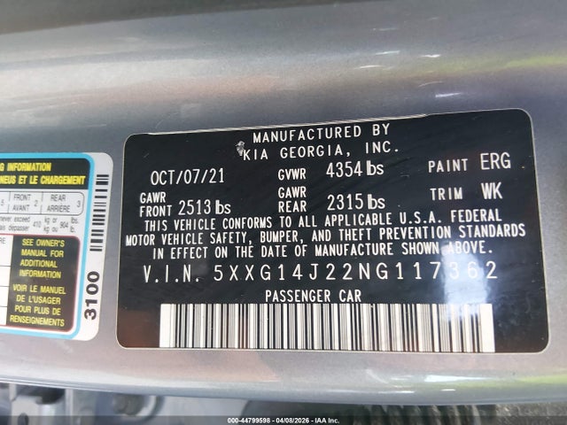 Aukcja sprzedaży 2022 Kia K5 Lxs, vin: 5XXG14J22NG117362, numer aukcji: 44799598