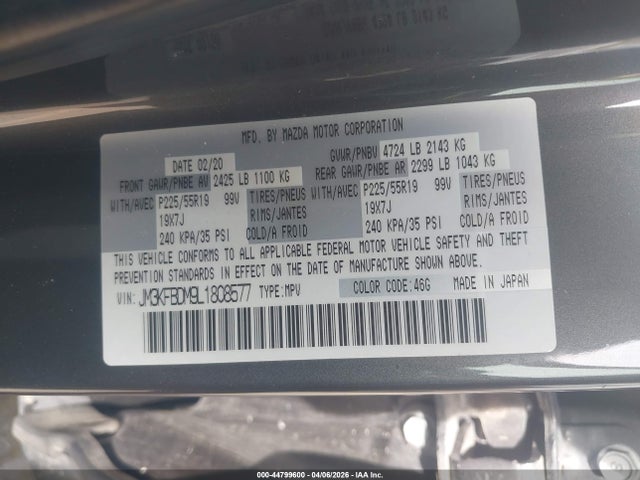 44799600 :رقم المزاد ، JM3KFBDM9L1808577 vin ، 2020 Mazda Cx-5 Grand Touring مزاد بيع