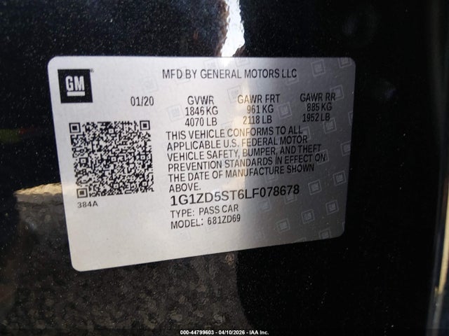 Продажа на аукционе авто 2020 Chevrolet Malibu Fwd Lt, vin: 1G1ZD5ST6LF078678, номер лота: 44799603