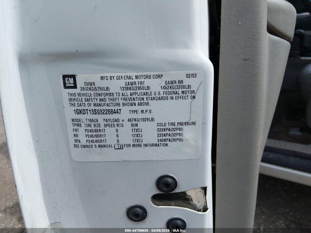 Aukcja sprzedaży 2003 Gmc Envoy Slt, vin: 1GKDT13S932288447, numer aukcji: 44799608
