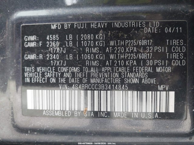 2011 Subaru Outback 2.5i Premium მანქანა იყიდება აუქციონზე, vin: 4S4BRCCC3B3414845, აუქციონის ნომერი: 44799609