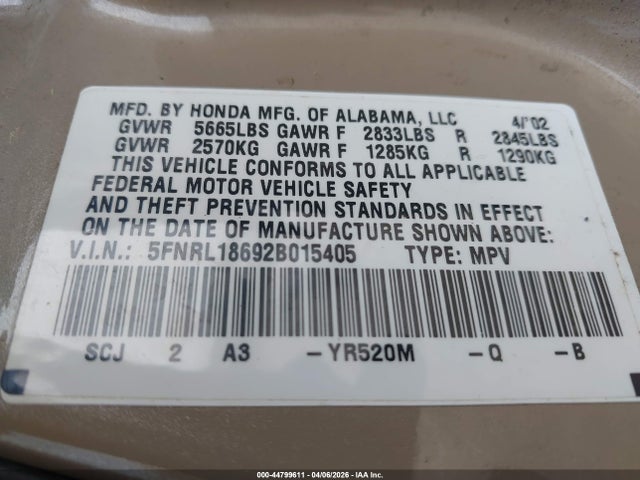 44799611 :رقم المزاد ، 5FNRL18692B015405 vin ، 2002 Honda Odyssey Ex مزاد بيع