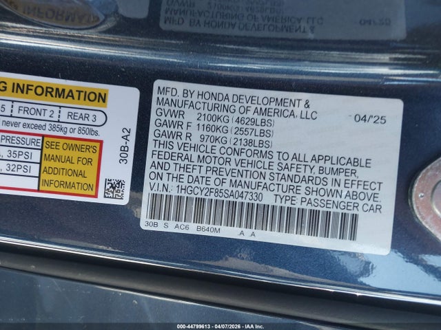 44799613 :رقم المزاد ، 1HGCY2F85SA047330 vin ، 2025 Honda Accord Hybrid Touring مزاد بيع