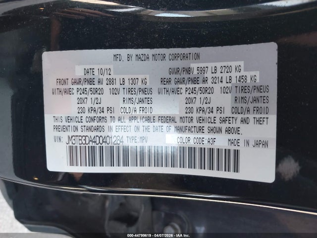 44799619 :رقم المزاد ، JM3TB3DA4D0401284 vin ، 2013 Mazda Cx-9 Grand Touring مزاد بيع