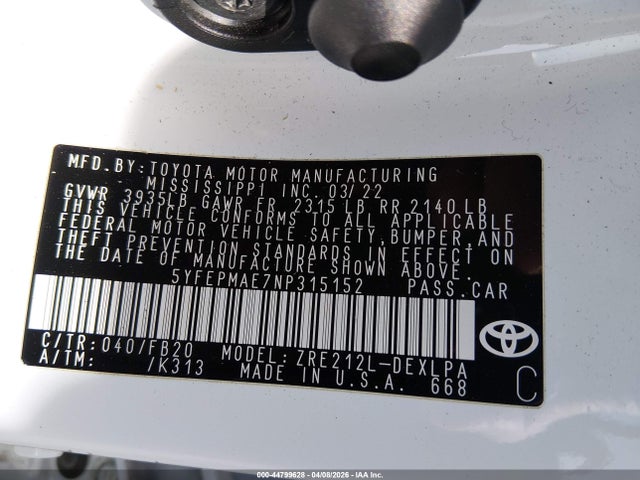 Продажа на аукционе авто 2022 Toyota Corolla Le, vin: 5YFEPMAE7NP315152, номер лота: 44799628