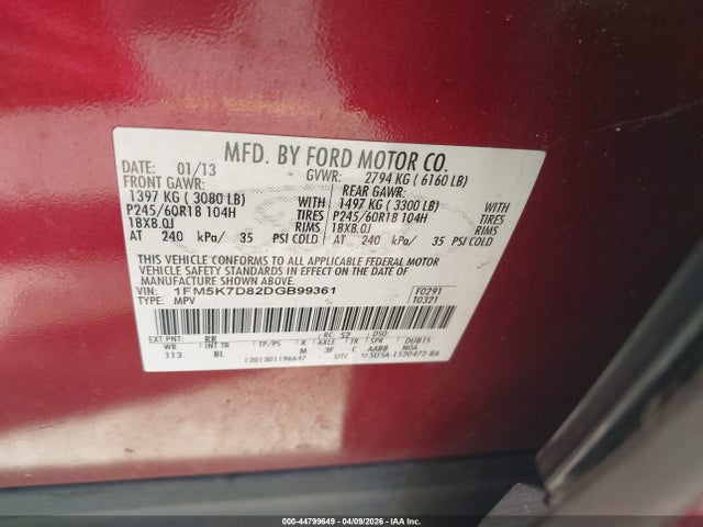 Продажа на аукционе авто 2013 Ford Explorer Xlt, vin: 1FM5K7D82DGB99361, номер лота: 44799649