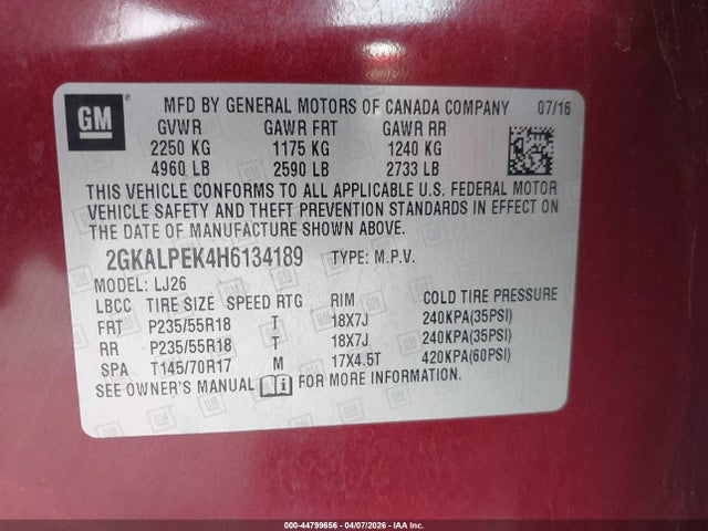 Aukcja sprzedaży 2017 Gmc Terrain Slt, vin: 2GKALPEK4H6134189, numer aukcji: 44799656