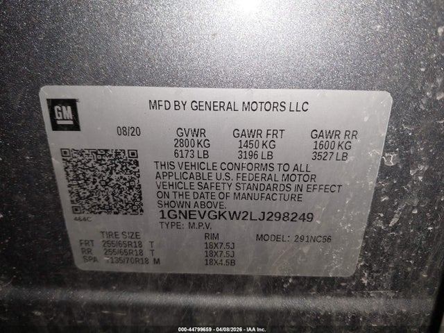 Aukcja sprzedaży 2020 Chevrolet Traverse Awd Lt Cloth, vin: 1GNEVGKW2LJ298249, numer aukcji: 44799659