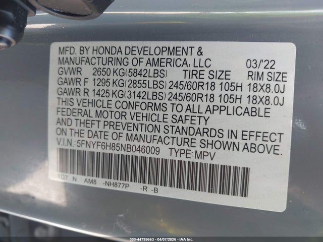 2022 Honda Pilot Awd Trailsport მანქანა იყიდება აუქციონზე, vin: 5FNYF6H85NB046009, აუქციონის ნომერი: 44799663