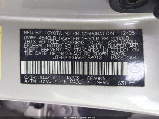 Продаж на аукціоні авто 2006 Lexus Es 330, vin: JTHBA30G665168918, номер лоту: 44799672