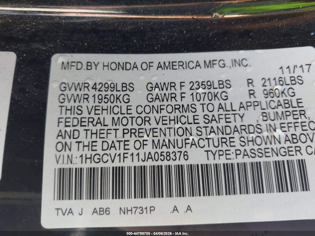 2018 Honda Accord Lx მანქანა იყიდება აუქციონზე, vin: 1HGCV1F11JA058376, აუქციონის ნომერი: 44799700