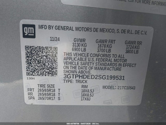 2025 Gmc Sierra 1500 მანქანა იყიდება აუქციონზე, vin: 3GTPHDED2SG199531, აუქციონის ნომერი: 44799706