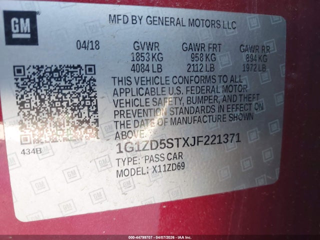 Aukcja sprzedaży 2018 Chevrolet Malibu Lt, vin: 1G1ZD5STXJF221371, numer aukcji: 44799707