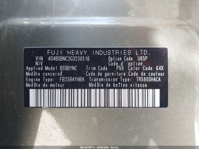 2016 Subaru Outback 2.5i Limited მანქანა იყიდება აუქციონზე, vin: 4S4BSBNC2G3230516, აუქციონის ნომერი: 44799713