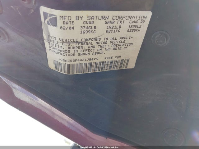 Aukcja sprzedaży 2004 Saturn Ion 2, vin: 1G8AZ52F44Z178675, numer aukcji: 44799714
