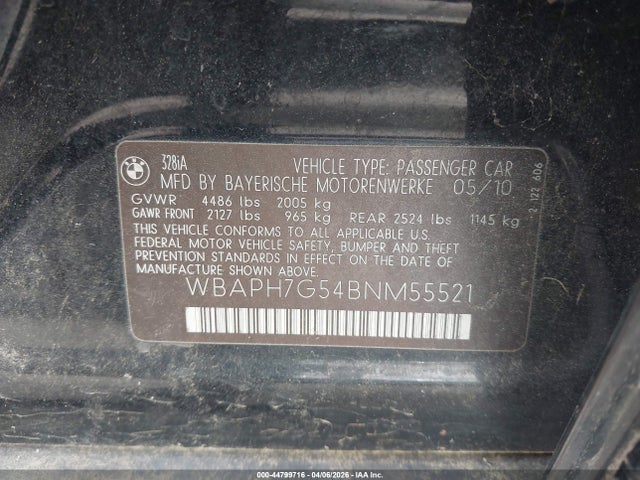 2011 Bmw 328i მანქანა იყიდება აუქციონზე, vin: WBAPH7G54BNM55521, აუქციონის ნომერი: 44799716