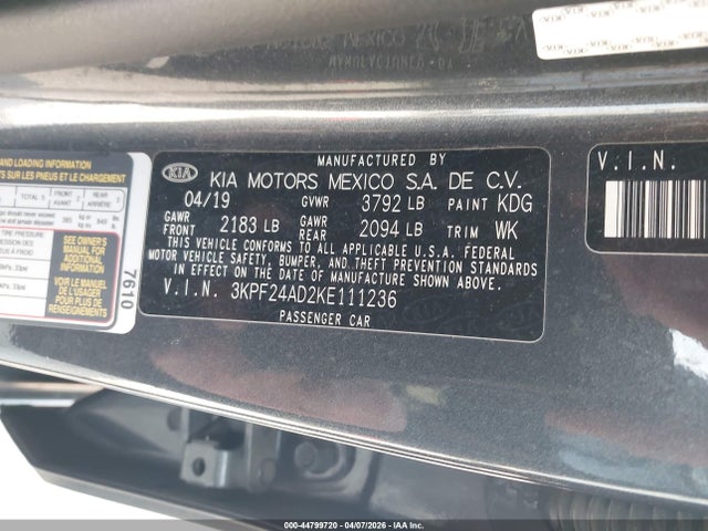 2019 Kia Forte Lxs მანქანა იყიდება აუქციონზე, vin: 3KPF24AD2KE111236, აუქციონის ნომერი: 44799720