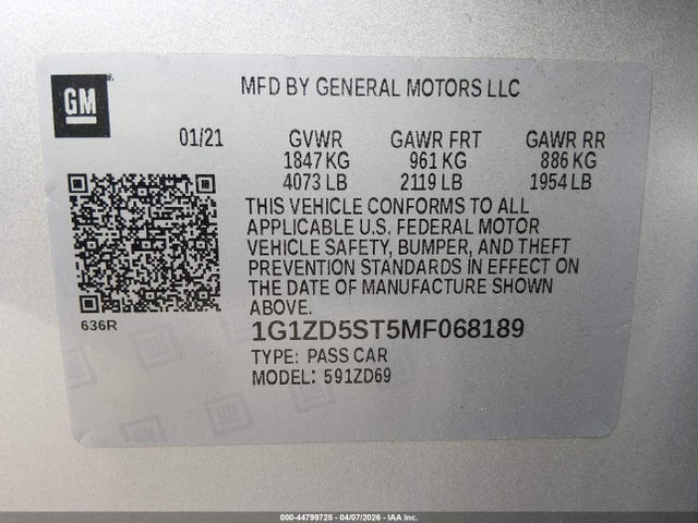 44799725 :رقم المزاد ، 1G1ZD5ST5MF068189 vin ، 2021 Chevrolet Malibu Fwd Lt مزاد بيع