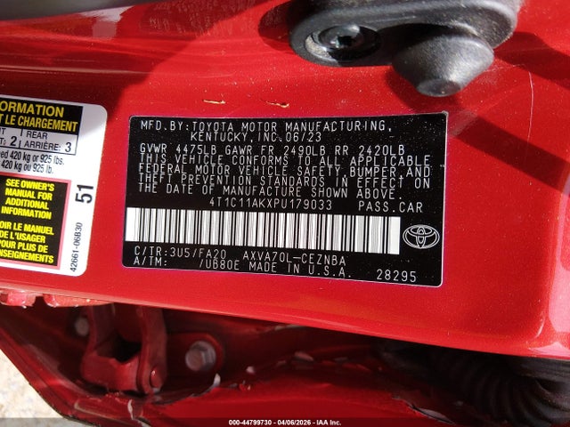 Aukcja sprzedaży 2023 Toyota Camry Le, vin: 4T1C11AKXPU179033, numer aukcji: 44799730