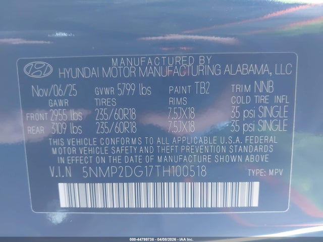 2026 Hyundai Santa Fe Hybrid Sel მანქანა იყიდება აუქციონზე, vin: 5NMP2DG17TH100518, აუქციონის ნომერი: 44799738