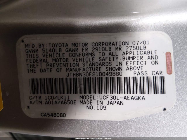 44799739 :رقم المزاد ، JTHBN30F210049880 vin ، 2001 Lexus Ls 430 مزاد بيع