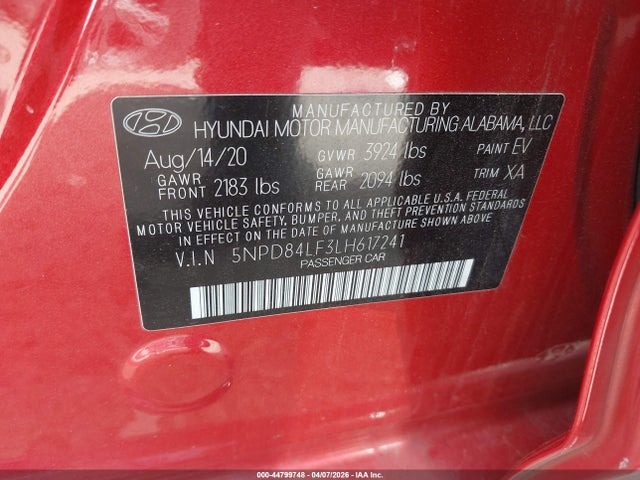 5NPD84LF3LH617241 Hyundai Elantra Value Edition