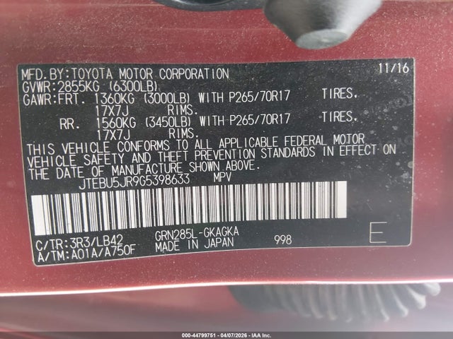 Aukcja sprzedaży 2016 Toyota 4runner Sr5 Premium, vin: JTEBU5JR9G5398633, numer aukcji: 44799751