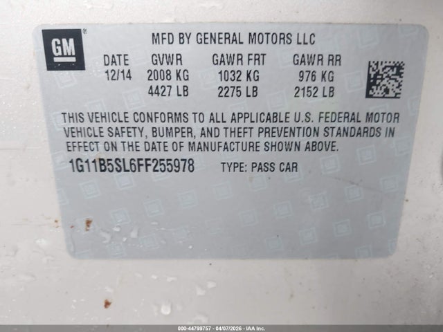 44799757 :رقم المزاد ، 1G11B5SL6FF255978 vin ، 2015 Chevrolet Malibu Ls مزاد بيع