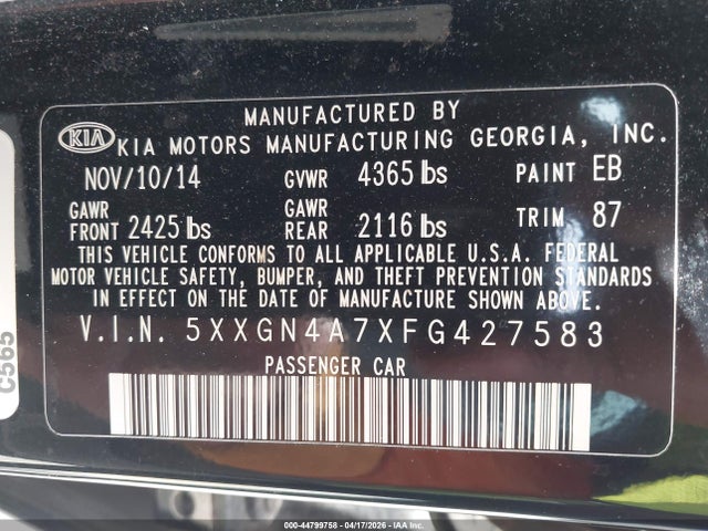 44799758 :رقم المزاد ، 5XXGN4A7XFG427583 vin ، 2015 Kia Optima Ex مزاد بيع