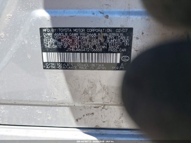 44799772 :رقم المزاد ، JTHBJ46G472106658 vin ، 2007 Lexus Es 350 مزاد بيع