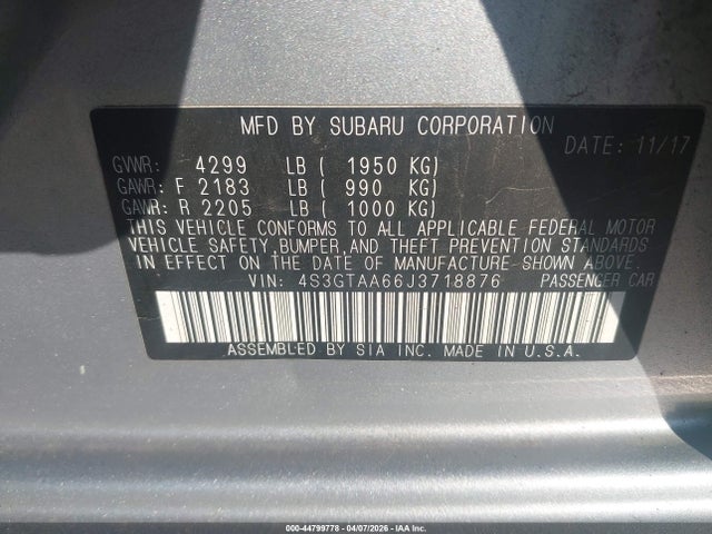 44799778 :رقم المزاد ، 4S3GTAA66J3718876 vin ، 2018 Subaru Impreza 2.0i مزاد بيع