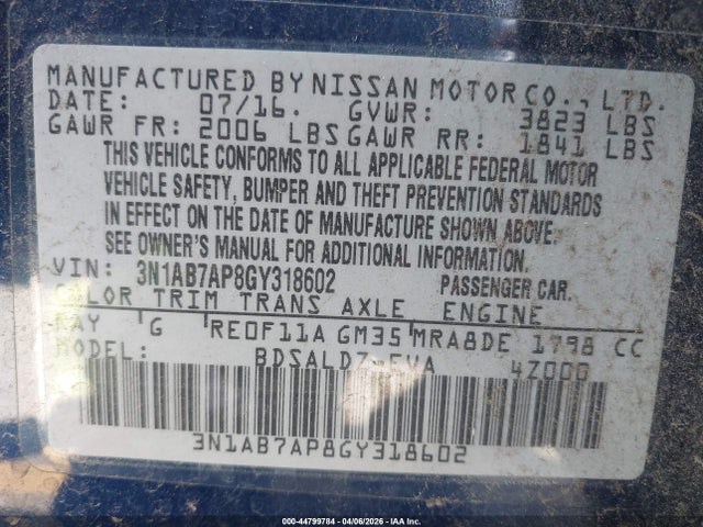 3N1AB7AP8GY318602 Nissan SENTRA SV