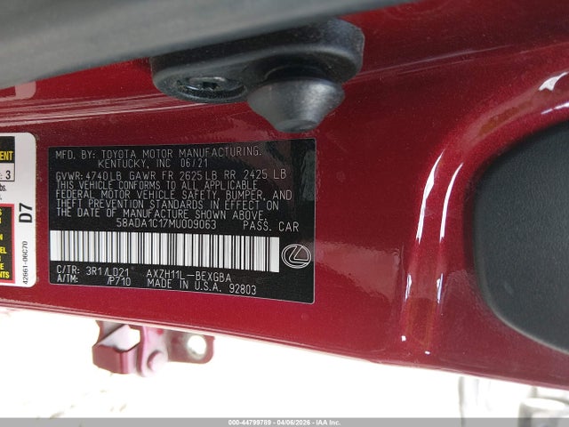 Aukcja sprzedaży 2021 Lexus Es 300h, vin: 58ADA1C17MU009063, numer aukcji: 44799789