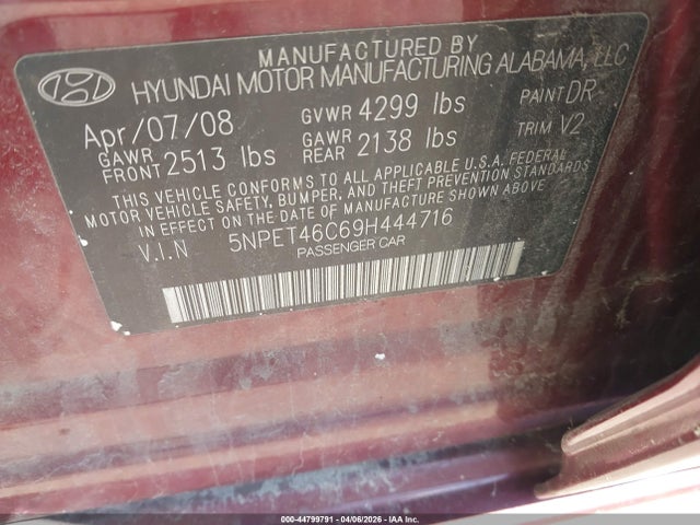 Продажа на аукционе авто 2009 Hyundai Sonata Gls, vin: 5NPET46C69H444716, номер лота: 44799791