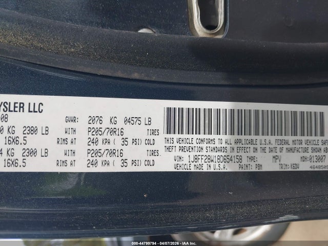 44799794 :رقم المزاد ، 1J8FF28W18D654158 vin ، 2008 Jeep Patriot Sport مزاد بيع