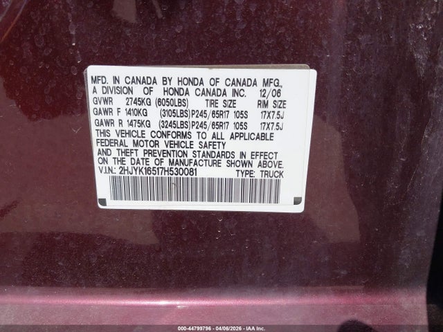 44799796 :رقم المزاد ، 2HJYK16517H530081 vin ، 2007 Honda Ridgeline Rtl مزاد بيع