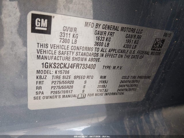 2015 Gmc Yukon Denali მანქანა იყიდება აუქციონზე, vin: 1GKS2CKJ4FR733400, აუქციონის ნომერი: 44799797
