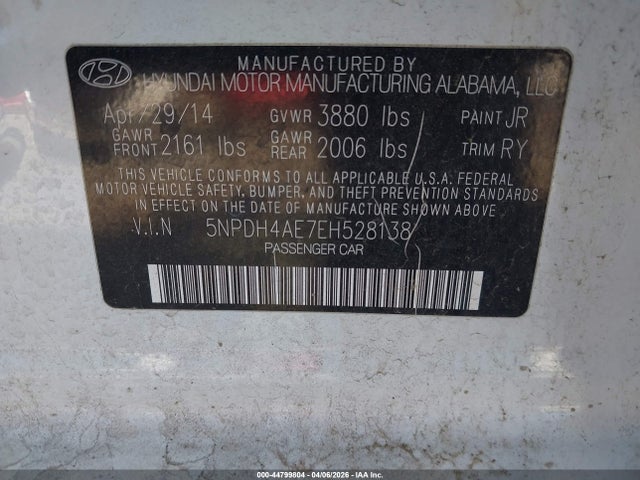 2014 Hyundai Elantra Limited მანქანა იყიდება აუქციონზე, vin: 5NPDH4AE7EH528138, აუქციონის ნომერი: 44799804