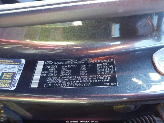 Aukcja sprzedaży 2024 Hyundai Tucson Sel, vin: 5NMJB3DE4RH329691, numer aukcji: 44799818